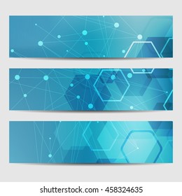 Abstract geometric banners molecule and communication. Science and technology design, structure DNA, chemistry, medical background, business and website.