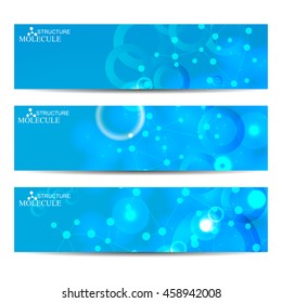 Abstract geometric banners molecule and communication. Science and technology design, structure DNA, chemistry, medical background, business and website.