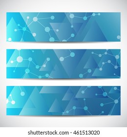 Abstract geometric banners molecule and communication. Science and technology design, structure DNA, chemistry, medical background, business and website.