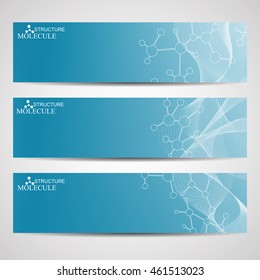 Abstract geometric banners molecule and communication. Science and technology design, structure DNA, chemistry, medical background, business and website.