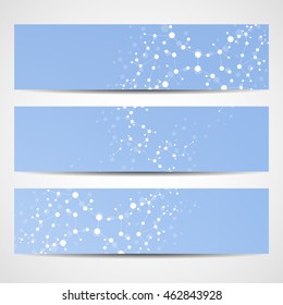 Abstract geometric banners molecule and communication. Science and technology design, structure DNA, chemistry, medical background, business and website.