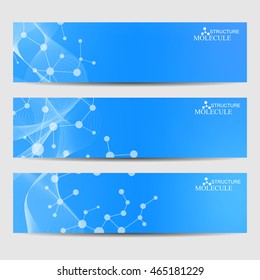 Abstract geometric banners molecule and communication. Science and technology design, structure DNA, chemistry, medical background, business and website.