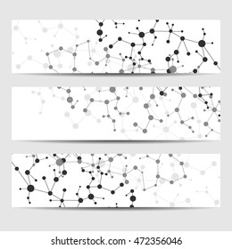 Abstract geometric banners molecule and communication. Science and technology design, structure DNA, chemistry, medical background, business and website.