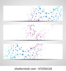 Abstract geometric banners molecule and communication. Science and technology design, structure DNA, chemistry, medical background, business and website.