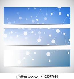 Abstract geometric banners molecule and communication. Science and technology design, structure DNA, chemistry, medical background, business and website.