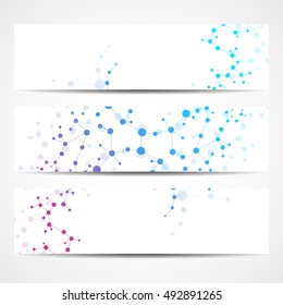 Abstract geometric banners molecule and communication. Science and technology design, structure DNA, chemistry, medical background, business and website.