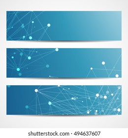 Abstract geometric banners molecule and communication. Science and technology design, structure DNA, chemistry, medical background, business and website.