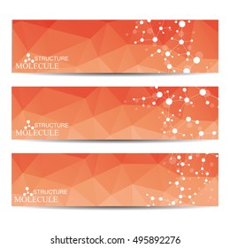 Abstract geometric banners molecule and communication. Science and technology design, structure DNA, chemistry, medical background, business and website.