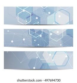 Molécula y comunicación de banderas geométricas abstractas. Diseño de ciencia y tecnología, estructura ADN, química, antecedentes médicos, negocios y sitio web.