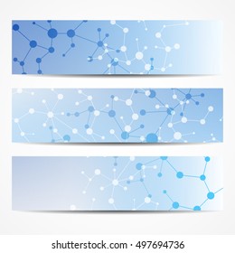 Abstract geometric banners molecule and communication. Science and technology design, structure DNA, chemistry, medical background, business and website.