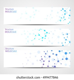 Abstract geometric banners molecule and communication. Science and technology design, structure DNA, chemistry, medical background, business and website.
