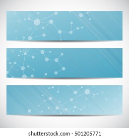 Abstract geometric banners molecule and communication. Science and technology design, structure DNA, chemistry, medical background, business and website.