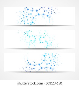 Abstract geometric banners molecule and communication. Science and technology design, structure DNA, chemistry, medical background, business and website.