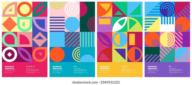 Abstrakte geometrische Bauhauskunst. Einfache Formen kombinieren Poster-Set. Memphis-Musterhintergrund. Retro Brutalismus moderne angesagte grafische Malerei. Vintage, postmoderne Kunst, Farbdruck, Vektordesign
