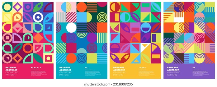 Abstract geometric bauhaus artworks. Simple shapes combination poster set. Memphis pattern background collection. Retro modern trendy graphic paintings. Vintage postmodern art print vector eps designs