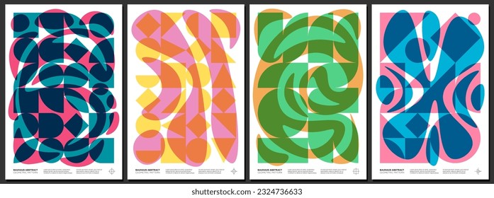 Abstract geometric bauhaus artworks. Simple shapes and flowing liquid combination poster set. Memphis pattern background collection. Retro modern trendy graphic paintings. Postmodern art print design