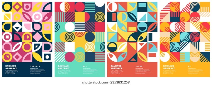 Abstract geometric bauhaus artworks. Simple shapes collage poster set. Memphis pattern background collection. Retro modern trendy graphic paintings. Vintage postmodern art print vector eps designs