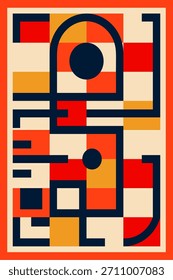 Abstract geometric bauhaus or boho vector with bold navy lines and orange–red color blocks. Modern decorative pattern ideal for backgrounds, posters, branding, and contemporary graphic design projects