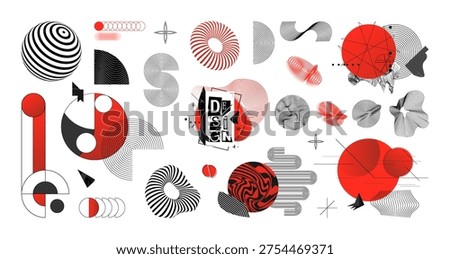 Abstract Geometric Bauhaus Composition. Modern abstract composition with geometric shapes, striped forms, circles, line textures. The reimagined aesthetics of vintage style. Vector Bauhaus  set