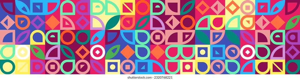 Abstract geometric bauhaus grid pattern. Simple shapes combination horizontal banner. Memphis style elements composition artwork. Retro postmodern trendy graphic painting. Vibrant colorful background