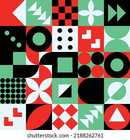 Abstract geometric Bauhaus pattern design. Vector circle, triangle and square lines color art design. Colorful Bauhaus background pattern. 