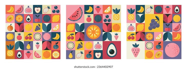 Abstract geometric Bauhaus patterns set with fruits.