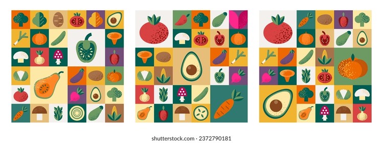 Abstract geometric Bauhaus patterns set with vegetables.