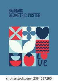 Abstract geometric bauhaus poster. Heart, love, strawberry, eye, moon and other primitive forms and shapes. Modern flat style. Primitive vector illustration