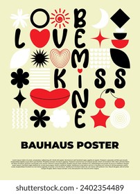 Abstract geometric bauhaus poster. Heart, love, lips, cherry, text and other primitive forms, shapes. Modern flat style. Primitive vector illustration