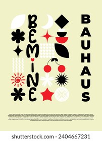 Abstract geometric bauhaus poster. Heart, love, lips, cherry, text and other primitive forms, shapes. Modern flat style. Primitive vector illustration