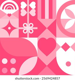 Abstract geometric Bauhaus seamless pattern of Valentine's Day. Use the pattern design as a vinyl banner, web page backgrounds, greeting card, postcard, or poster.