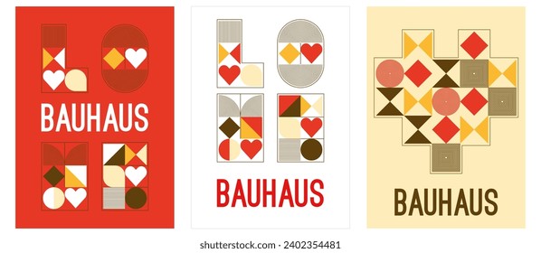 Abstract geometric bauhaus set of poster with lettering Love, shape of Heart. Circle, squares and primitive forms, shapes. Modern flat style. Primitive vector illustration