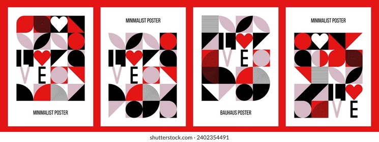 Abstract geometric bauhaus set of posters. Heart, love, text and other primitive forms, shapes. Modern flat style. Primitive vector illustration