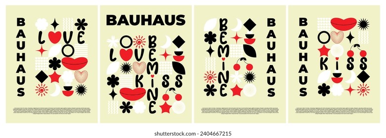 Abstrakte geometrische Bauhaus-Set-Poster. Herz, Liebe, Lippen, Kirsche, Text und andere primitive Formen, Formen. Moderner, flacher Stil. Primitive Vektorgrafik