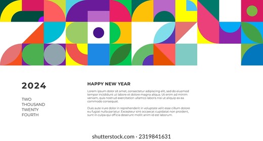 Abstract geometric bauhaus shapes combination 2024 Happy New Year horizontal banner. Graphic retro style celebration decoration poster. Modern trendy artwork. Colored vintage simple vector eps print