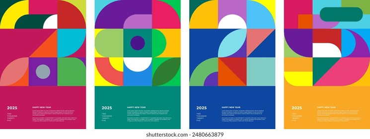 Abstract geometric bauhaus shapes combination 2025 Happy New Year holiday poster set. Celebration graphic retro style decoration simple pattern. Festive modern trendy placard. Colorful vintage print