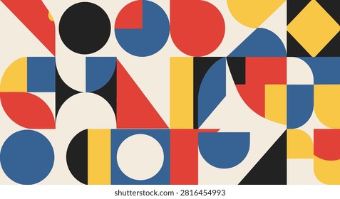 Abstract geometric Bauhaus style pattern featuring circles, semicircles, triangles, and squares in primary colors red, blue, yellow, and black on a neutral cream background composition.