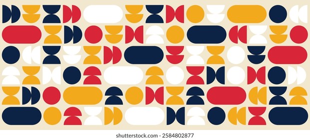 Abstract Geometric Bauhaus Style Poster. Brutalism and Mid-Century Inspired Shapes with Vibrant Color Palette. Minimalist Retro Futuristic Design for Branding, Editorial, and Print Media.