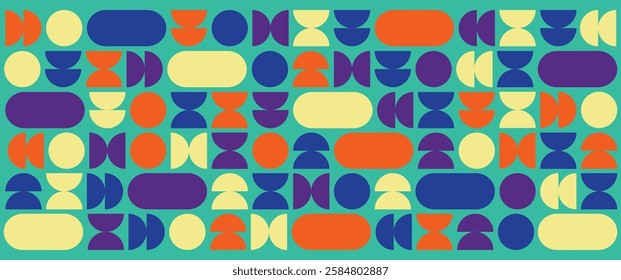 Abstract Geometric Bauhaus Style Poster. Brutalism and Mid-Century Inspired Shapes with Vibrant Color Palette. Minimalist Retro Futuristic Design for Branding, Editorial, and Print Media.