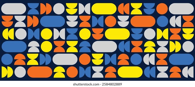 Abstract Geometric Bauhaus Style Poster. Brutalism and Mid-Century Inspired Shapes with Vibrant Color Palette. Minimalist Retro Futuristic Design for Branding, Editorial, and Print Media.