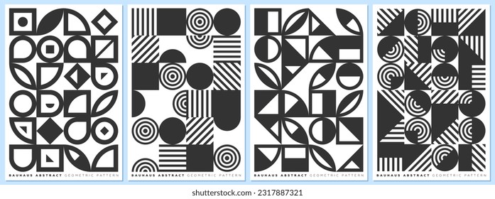 Abstract geometric bauhaus style shapes combination poster set. Memphis elements background collection. Modern trendy forms paintings. Retro graphic patterns. Vintage simple vector eps prints design