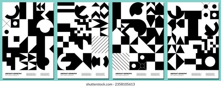 Abstract geometric bauhaus style shapes collage poster set. Memphis elements background collection. Modern trendy forms paintings. Retro monochrome graphic patterns. Vintage simple eps prints design