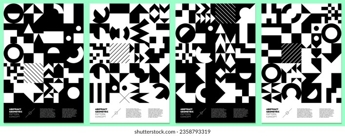 Abstract geometric bauhaus style shapes collage poster. Memphis elements. Modern trendy brutalism forms artistic placard. Retro brutalist monochrome graphic cover. Vintage postmodern y2k art eps print