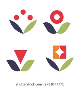 Conjunto de flores de Vector bauhaus geométrico Abstractas. Elementos aislados sobre fondo blanco.