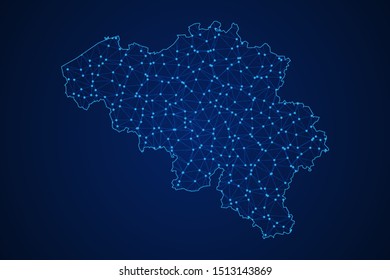 Abstract geometric of Belgium map polygonal line, structure and point scales on blue dark background with lights and dots. Vector illustration eps 10.