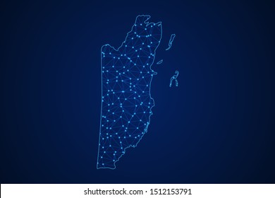 Abstract geometric of Belize map polygonal line, structure and point scales on blue dark background with lights and dots. Vector illustration eps 10.
