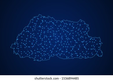 Abstract geometric of Bhutan map polygonal line, structure and point scales on blue dark background with lights and dots. Vector illustration eps 10.
