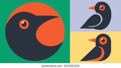 Abstractas ilustraciones de pájaros geométricos en estilo de diseño plano. Colores vibrantes que incluyen fondos anaranjados, negros, verdes y pastel. Ideal para logos, carteles, branding y arte minimalista