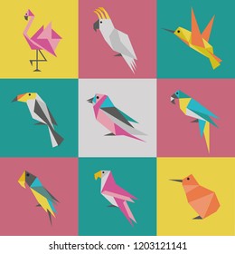 Abstract geometric bird logotypes set. Exotic colorful flying birds in Japanese origami style. Triangle mascots of hummingbird, flamingo, kiwi, toucan and parrots for emblems and logo design.