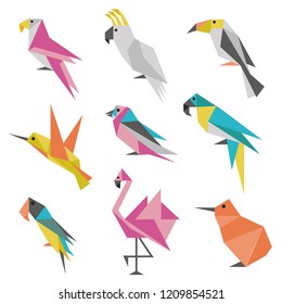 Abstract geometric birds icon set. Exotic colorful flying bird stickers in Japanese origami style. Triangle mascot icons of hummingbird, flamingo, kiwi, toucan and parrots for emblems and logo design.